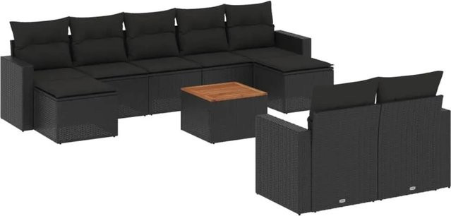 vidaXL 10-teilige Garten-Sofagarnitur aus Poly-Rattan und Akazienholz in Schwarz mit Kissen - Bild 1