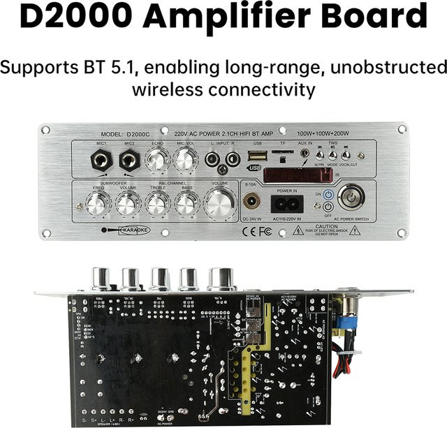 D2000 Bluetooth-Verstärkerplatine 2.1-Kanal TPA3221 Leistungsverstärker mit AUX, FM, USB und TF-Karte, 100 W + 100 W + 200 W, TWS-Unterstützung - Bild 1