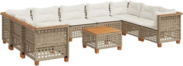 vidaXL 10-teilige Garten-Sofagarnitur aus Polyrattan in Beige mit Kissen und Tisch, L-Form mit Akazienholz und pulverbeschichtetem Stahl - Bild 1