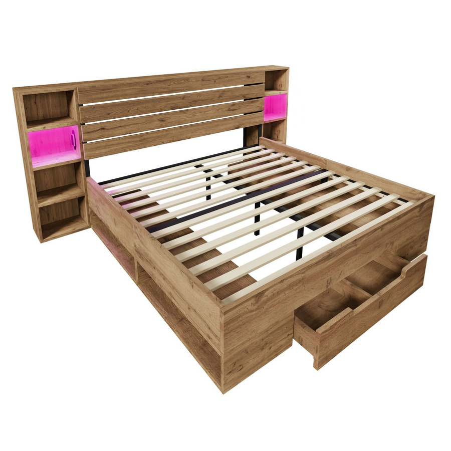 Merax Massivholzbett mit Stauraum und LED-Beleuchtung sowie USB-Anschluss, Farbe Eiche Braun, B/T/H: 180 x 200 x 90 cm - Bild 2