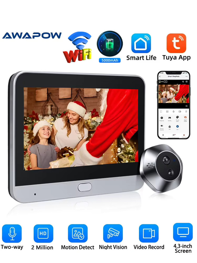 Awapow Smart Life WiFi Tuya Gucklochkamera mit Bewegungserkennung, 2 MP HD-Auflösung, Digitalem Audio und Zwei-Wege-Gegensprechanlage in Silber - Bild 6