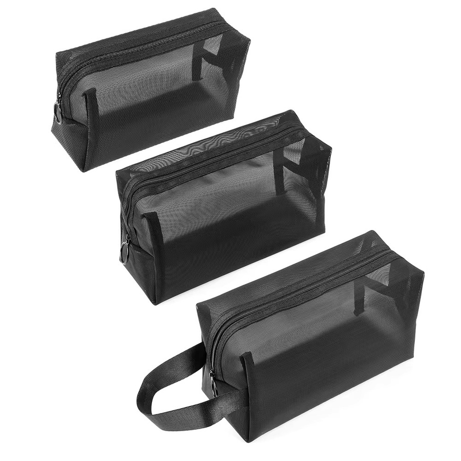 Schwarze Kosmetiktasche aus transparentem Netzstoff im 3er-Set als Organizer für Make-up und Zubehör - Bild 3