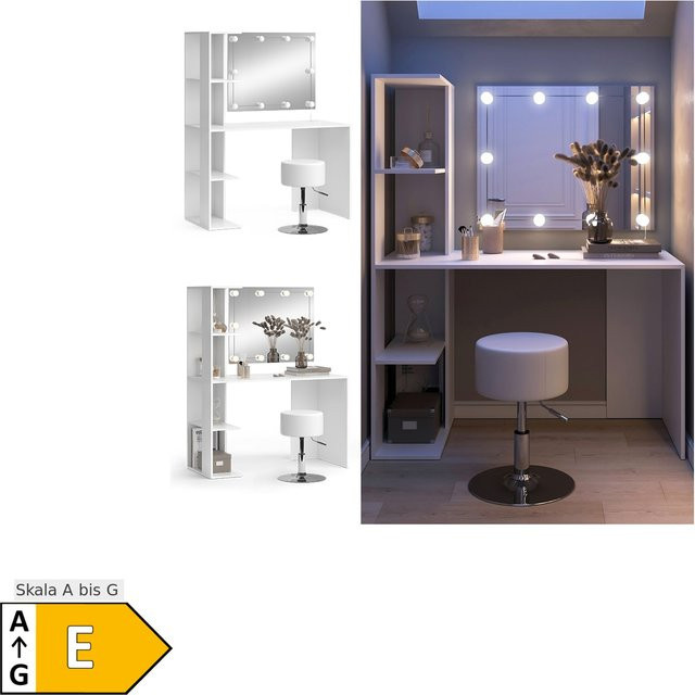 Vicco Schminktisch Tower Weiß mit Hollywood-LED-Beleuchtung und Hocker, Breite: 122 cm, Tiefe: 55 cm - Bild 1