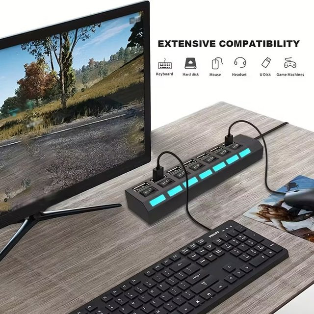 7-Port USB 2.0 Hub Schwarz mit unabhängiger LED Ein/Aus Funktion als USB-Verteiler für PC, MacBook und Laptop - Bild 1