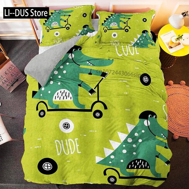 Paslu Bettwäsche Set Dinosaurier Thema in Grün aus Mikrofaser für Kleinkinder, 3-teilig, B: 135 cm, L: 200 cm - Bild 1