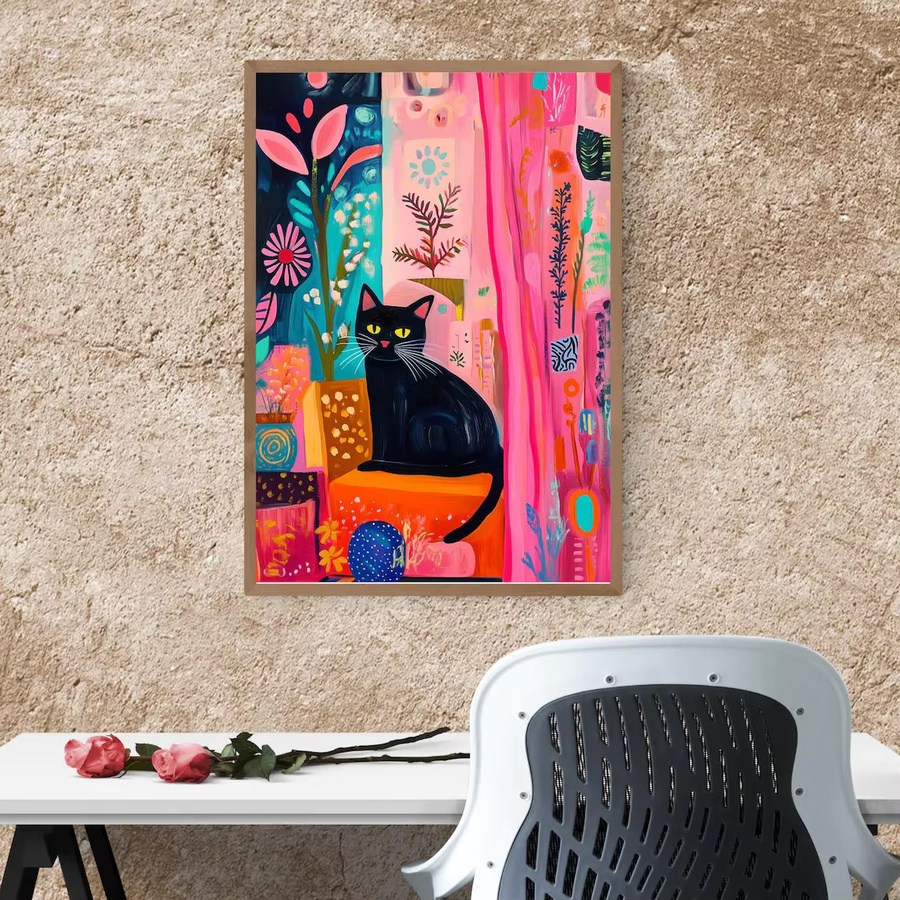 SHENCHEN Poster Schwarze Katze mit floralen Elementen in Rosa und Blaugrün, abstrakter Kunstdruck auf Papier - Bild 2