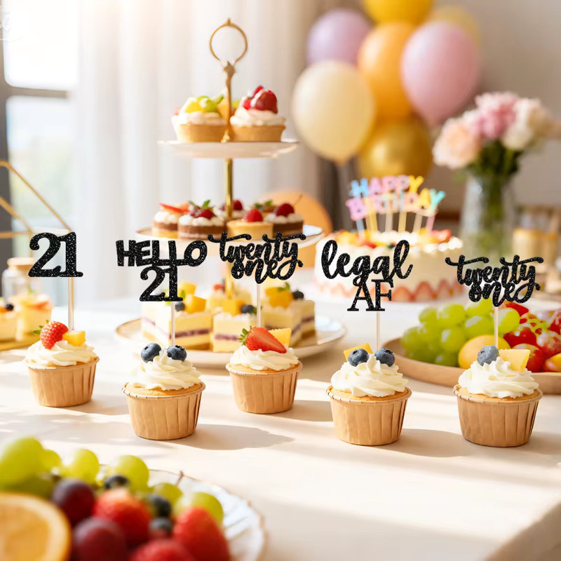 YOMDID 24 Stück Cupcake-Topper zum 21. Geburtstag in Gold und Schwarz mit Hello 21 Legal Af and Twenty One Designs - Bild 2