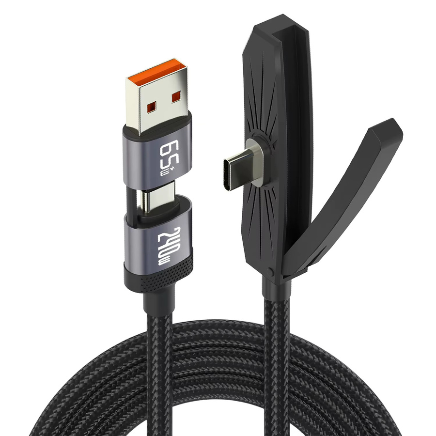 BESY 2-in-1 USB und Typ-C 240W Schnellladekabel mit faltbarem Handyständer in Schwarz - Bild 2