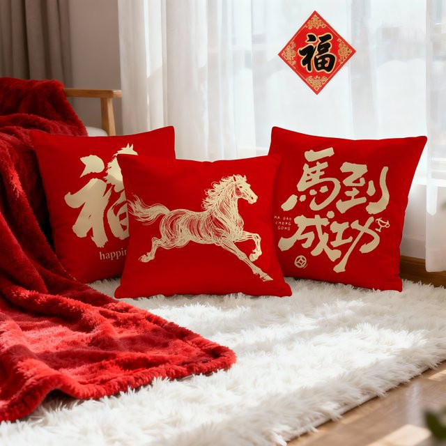 VIKAMA Wurfkissen im chinesischen Stil mit laufendem Pferd, quadratisch, Rot/Gold, B/B/H: 30 x 30 x 30 cm - Bild 1