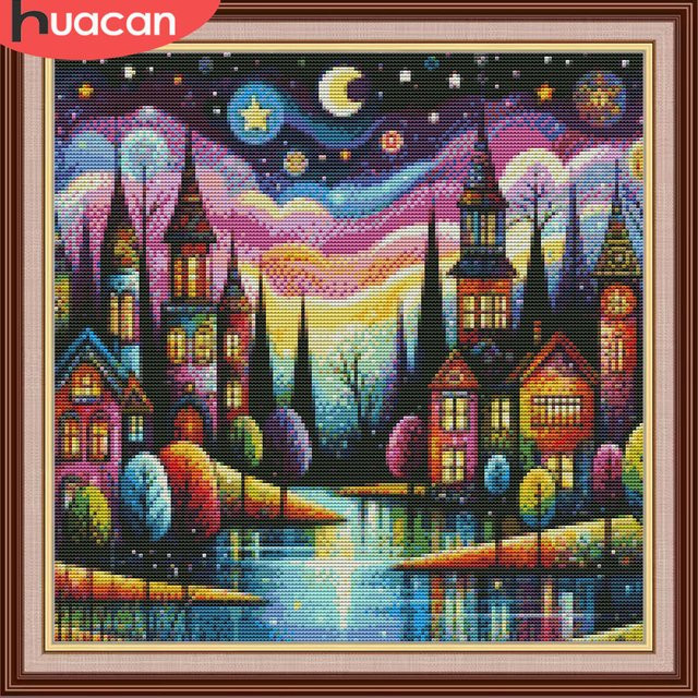 HUACAN Kreuzstich-Set Hauslandschaft mit DMC-Fäden, bedrucktes Stickbild für Erwachsene, Mehrfarbig - Bild 1
