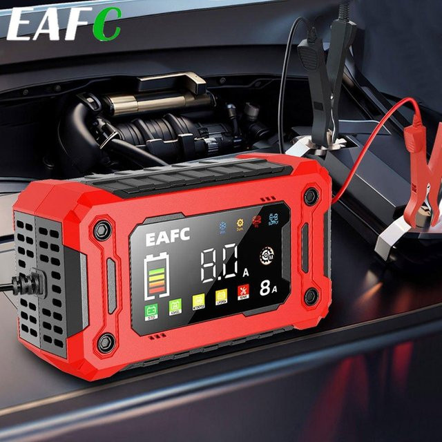 EAFC Smart 12V 8A Autobatterieladegerät mit Farbbildschirm und Pulsreparatur für Blei-Säure und LiFePO4 Batterien in Rot - Bild 1