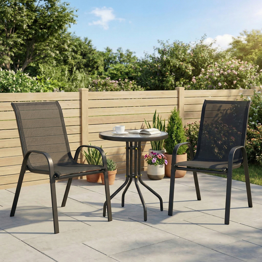 Outsunny Bistro-Set 3-teilig aus Stahl und Glas in Schwarz mit Wellenmuster und stapelbaren Gartenstühlen - Bild 2