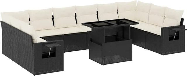 vidaXL 11-teilige Garten-Sofagarnitur in L-Form aus Poly-Rattan mit Kissen in Schwarz-Creme - Bild 1