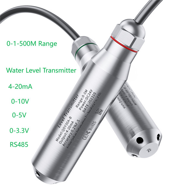 XUYANGQIDIAN Flüssigkeitsstandsensor-Transmitter in Silber mit DC24V oder DC5V Stromversorgung und wählbarem Ausgang 4-20mA, 0-10V oder 0-3.3V für Messbereiche von 0-2m bis 15m - Bild 1
