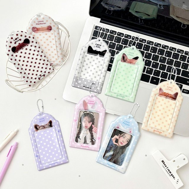 Kawaii Polka Dot Kpop Fotokartenhalter mit Tierohren und Aufbewahrungsbeutel, Multicolor, Kunststoff - Bild 1