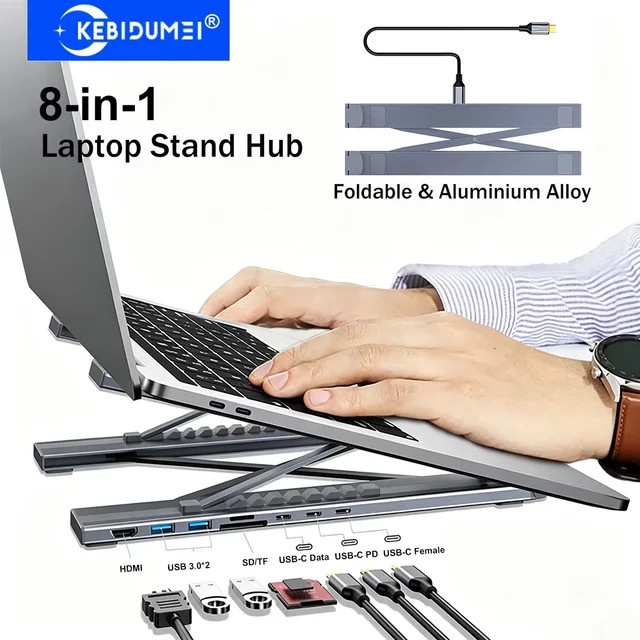 KEBIDUMEI 8-in-1 USB-C Laptop-Ständer Dockingstation mit 100W PD, 4K HDMI, USB 3.0 und SD/TF-Kartenleser in Grau - Bild 1