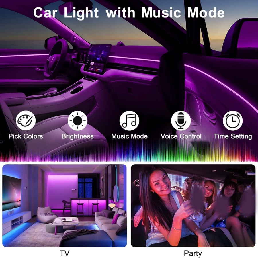 AnautosL RGB Neon LED Auto Innenbeleuchtung mit App-Steuerung und Musik-Synchronisierung, USB LED Streifen Glasfaser Umgebungsbeleuchtung, Multicolour - Bild 4