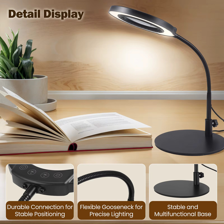 LED Schwanenhals-Nagellampe mit 10-facher Vergrößerung und Lupe, USB-Arbeitslampe mit Touch-Bedienung in Schwarz - Bild 4