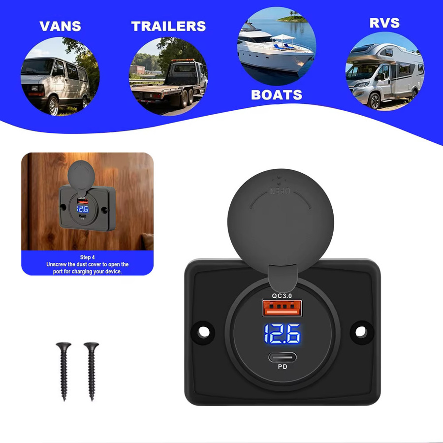 Kebidumei USB-Autoladegerät mit 2 Ports PD und QC 3.0, USB-C Schnellladebuchse und wasserdichter Schiebekappe, Schwarz, für 12 V/24 V Auto und Boot - Bild 5