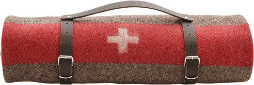 Eskimo Schweizer Armeedecke mit Tragegurt, rot gestreift aus Schurwolle und Polyacryl - Bild 1