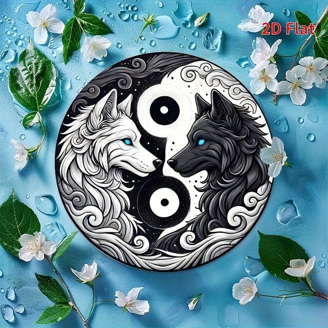 Potdemiel Yin Yang Harmony Wandkunst Eisenschild mit Wolf-Design in Schwarz-Weiß, Durchmesser: 20,3 cm - Bild 1