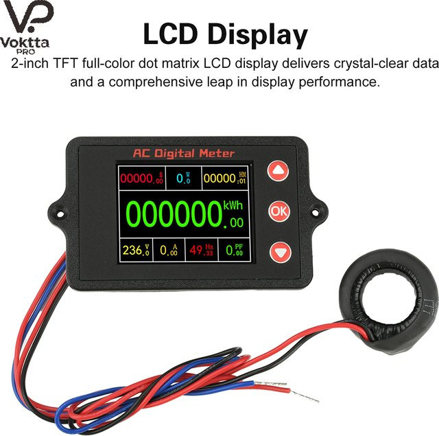 Voktta Multifunktionales Digitales Leistungsüberwachungs- und Energie-Multimeter mit 2 Zoll TFT Farbdisplay zur AC Spannungs- und Strommessung 0-100A in Schwarz - Bild 1