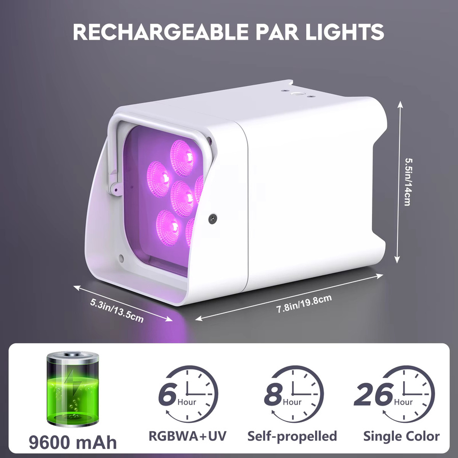 U'King 4er Set RGBWA+UV LED Par Licht mit Tasche, 6x18W DMX Bühnenlicht, kabelloses Farblicht mit wiederaufladbarem Akku, Farbe: Weiß - Bild 6