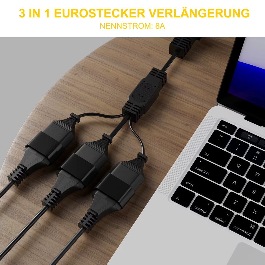 Europea 3-Wege-Steckdose mit 90-Grad-Stecker auf Buchse und 2-poligem EU-Flachstecker als Stromverlängerungskabel für PC und Computer in Schwarz oder Weiß - Bild 3