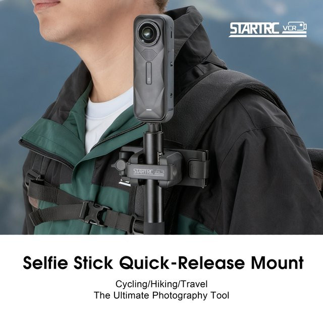 Selfie-Stick-Halterung als Rucksackgurt-Clip für Insta360 X4 X5 Air Go Ultra und DJI Osmo Action in Schwarz - Bild 1