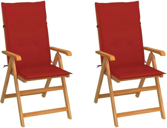 vidaXL Gartenstuhl-Set aus Teakholz mit roten Kissen, 2 Stück - Bild 1