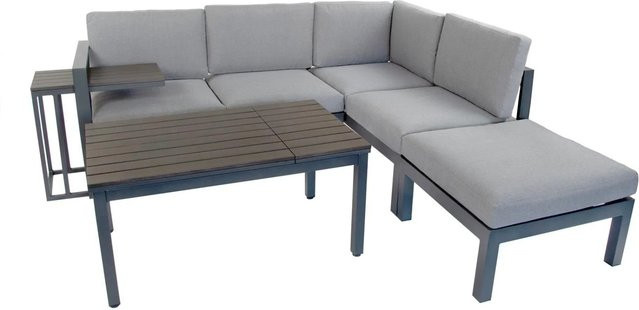 Green Spirit Gartenlounge Ecke Set Porto in Anthrazit mit 2-Sitzer Sofa, Hocker, Tisch und Beistelltisch aus pulverbeschichtetem Aluminium - Bild 1
