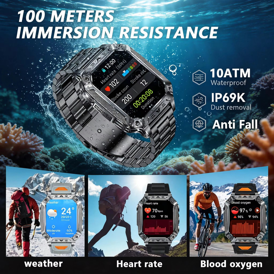 GUHUAVMI Militär Outdoor Smartwatch für Männer mit 2,01 Zoll HD AMOLED Display, Wasserdicht, Anruffunktion, Herzfrequenzmessung und Taschenlampe, 1400 mAh Akku - Bild 5