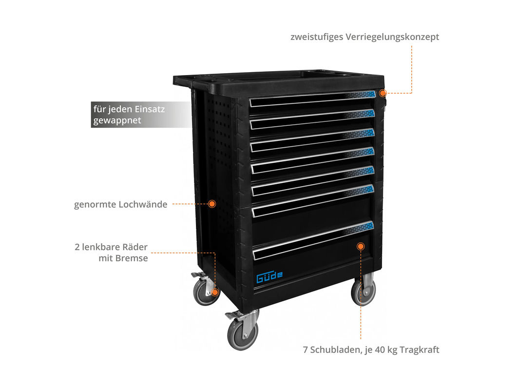 Güde Werkstattwagen GW7 Black Line in Schwarz mit 165-teiligem Werkzeugset, abschließbar und rollbar mit Arbeitsplatte - Bild 3