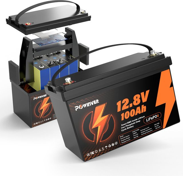 POWINVER 12,8V 100Ah LiFePO4 Lithium-Batterie mit Smart-BMS in Schwarz für Solar, Wohnmobil und Boot - Bild 1