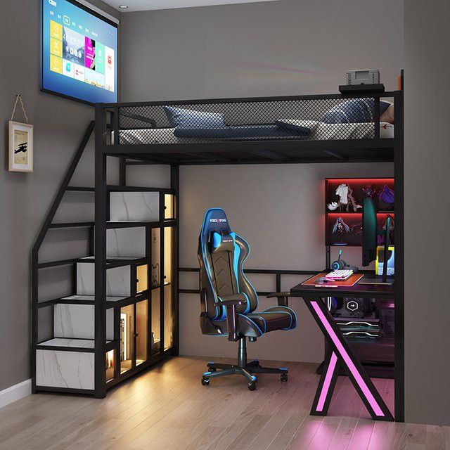 Tillais E-Sport-Hochbett aus Schmiedeeisen in Blau, multifunktionales und platzsparendes Pavillonbett, B/T/H: 120 x 200 x 200 cm - Bild 1