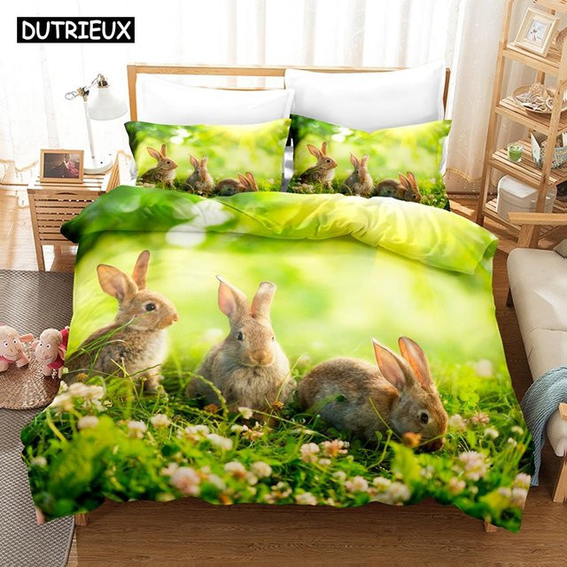 Bettwäscheset mit 3D Osterhase Kaninchen Motiv von Binchi Outdoor Product, mehrfarbig, Material Mikrofaser Polyester, Set bestehend aus Daunendeckenbezug und Kissenbezügen, Breite: 150 cm, Länge: 200 cm - Bild 1