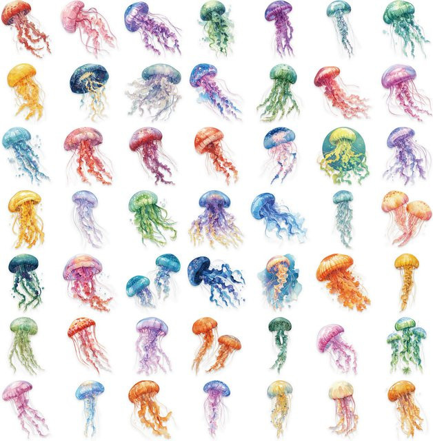 Bview Art 50 Blatt bunte Quallen-Aufkleber aus wasserfestem PET für Scrapbooking und DIY-Dekoration, Multicolor - Bild 1