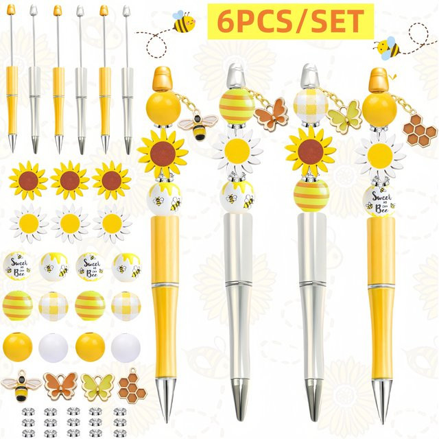 6-teiliges DIY-Perlen-Kugelschreiber-Set mit Sonnenblumen-Motiv und Holzperlen sowie Bienen- und Schmetterlings-Anhängern in Multicolour - Bild 1