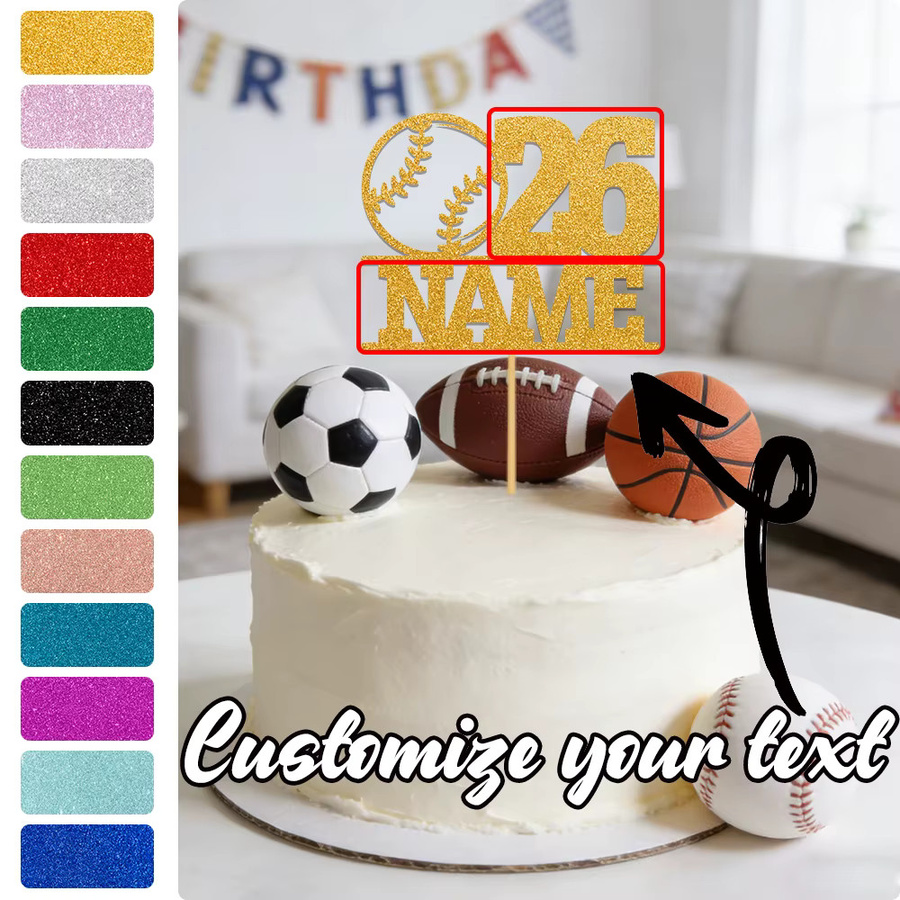 Personalisierter Kuchenaufsatz mit Glitzer-Design in Fußball- und Basketball-Optik, individuell mit Name und Alter für deine Geburtstagsparty, Mehrfarbig - Bild 4