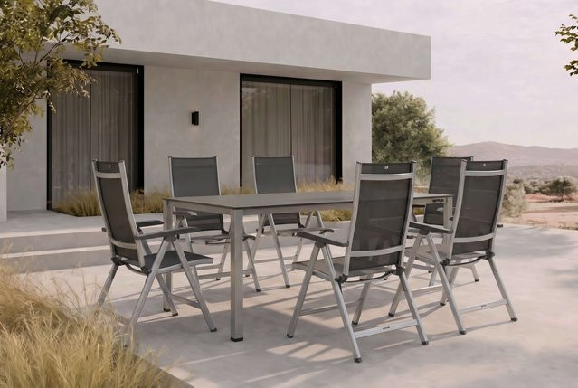 Kettler KETTALUX-Plus/Basic Plus Sitzgruppe aus Aluminium und Textilene in Silber/Anthrazit mit Tisch und 6 Klappstühlen, Tisch Breite: 160 cm, Tiefe: 95 cm - Bild 1
