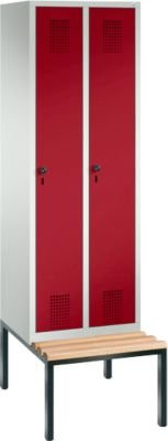 Garderobenspind C + P Evolo S 3000 aus Stahl mit integrierter Sitzbank, 2 Abteile mit Breite: 30 cm pro Fach, Sicherheitsdrehriegelverschluss, Farbe: lichtgrau RAL 7035 und rubinrot RAL 3003 - Bild 1