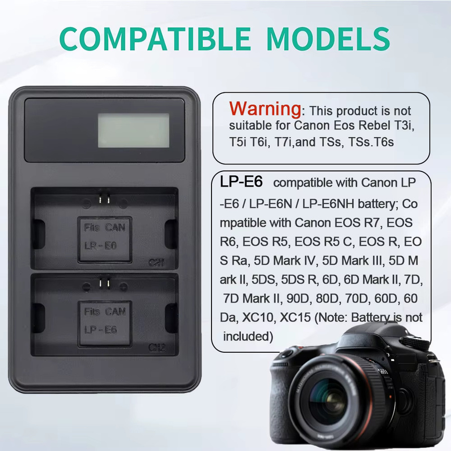 Canon LP-E6 Akkuladegerät mit zwei Steckplätzen in Schwarz für Kameraakkus R7, E6, R5, R, 90D, 80D und 70D - Bild 6