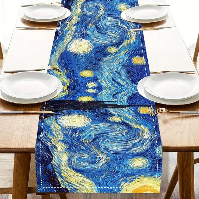 ZZN Tischläufer aus Leinen mit Sternennacht-Design in Blau, rechteckiger Bauernhaus-Stil, Breite: 183,0 cm, Tiefe: 33,0 cm - Bild 1