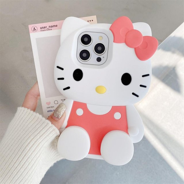 Sanrio Hello Kitty Silikonhülle mit 3D-Schleife für iPhone 11 bis iPhone 16 Pro Max Plus Mini in Hellrosa - Bild 1