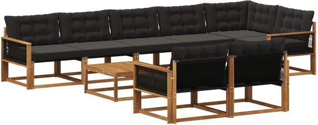 vidaXL Outdoor-Sofagarnitur L-Form aus massivem Akazienholz mit 9 Textilene-Kissen in Schwarz und Natur - Bild 1