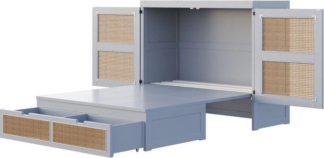 Merax Schrankbett mit Rattan und Stauraum in Grau und Weiß, B/T/H: 202,0 x 140,0 x 150,0 cm - Bild 1