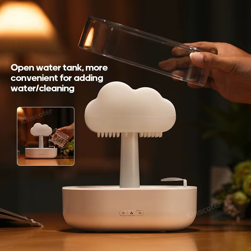 KINSCOTER Regenwolken Aromadiffusor Zen Regentropfen Luftbefeuchter mit Ultraschall-Technologie und Duftfach in Weiß - Bild 3