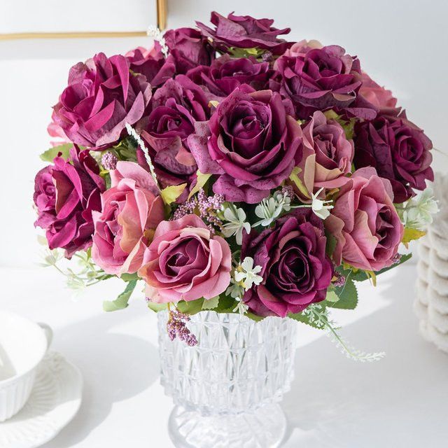 ZQCY Künstliche Seidenrose in Champagner als 5-köpfiger Brautstrauß für Hochzeit und Valentinstag - Bild 1