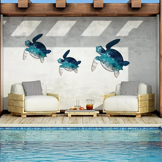 Hello young Ocean Series Wanddekoration aus Metall mit Meeres-Schildkröte in Blau für Kinderzimmer und Strand-Home-Dekoration - Bild 1