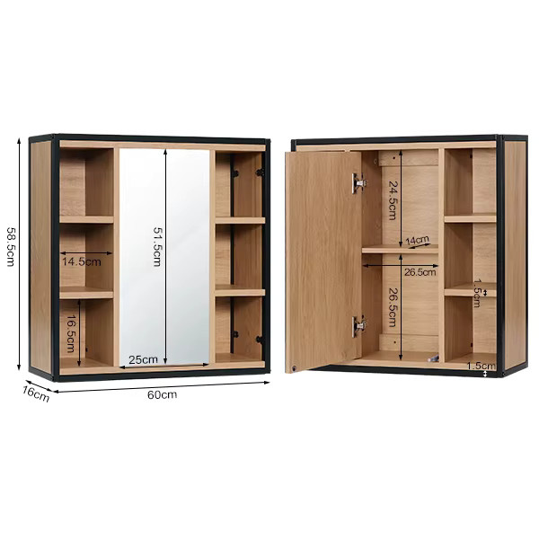EUGAD Wandmontierter Badezimmerschrank mit Spiegel in Eiche Optik, B/H/T: 60 x 58 x 16 cm, mit verstellbaren Regalen und 6 offenen Fächern, Schwarz-Braun - Bild 3